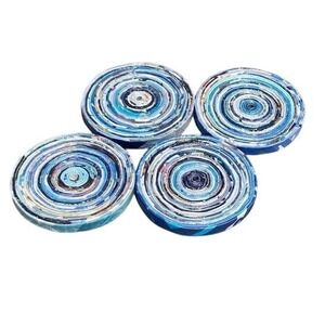Recycled Magazine 4" Round Coasters Blue Set of 4 Handmade New Eco Friendly Gift